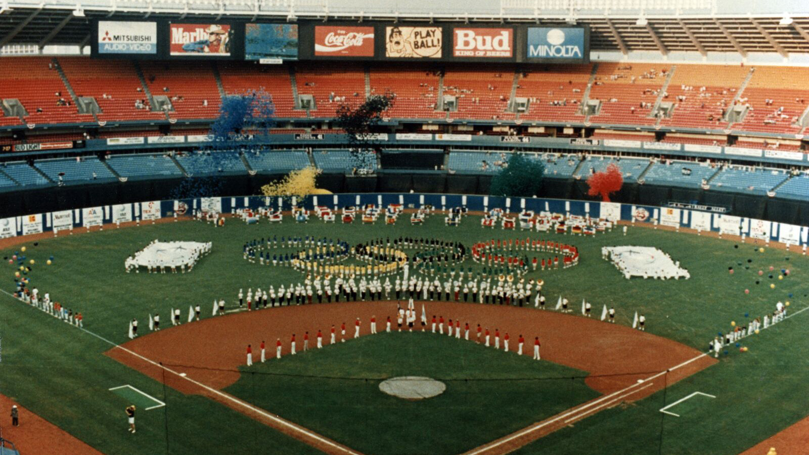 The band performing on the field of Atlanta-Fulton County stadium to promote the olympics.
