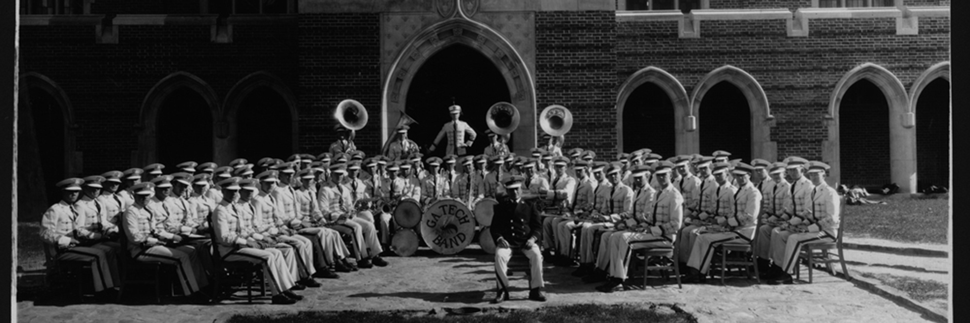 A historical black and white photo of the Georgia Tech band.