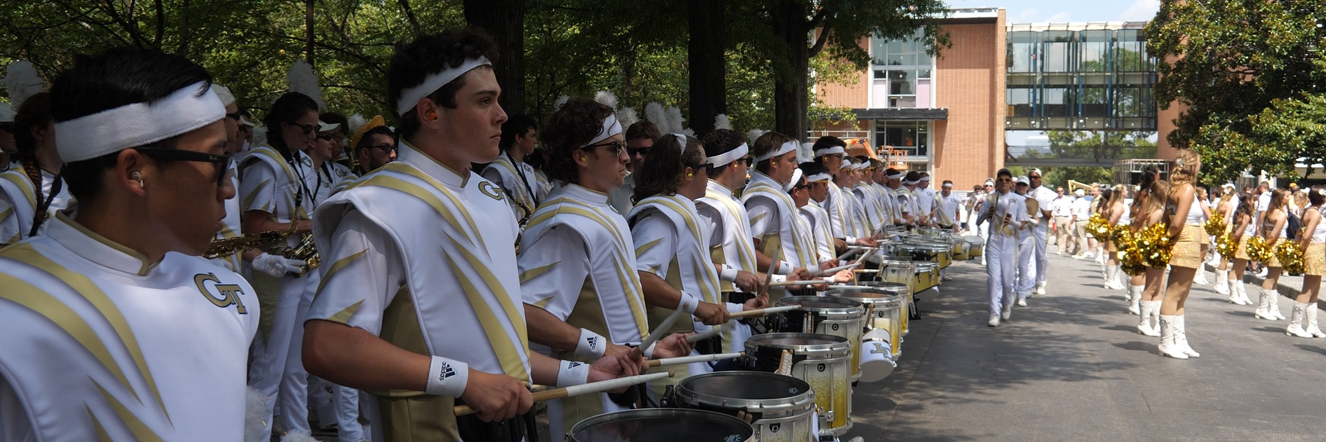 The Drumline performing in Yellow Jacket alley.